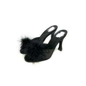 Vintage 1990s black satin marabou feather polly style boudoir heels